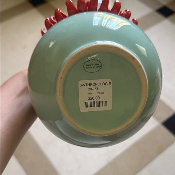 Anthropologie Aqua Vase with Vibrant Red Floral Accent - Picture 2 of 5